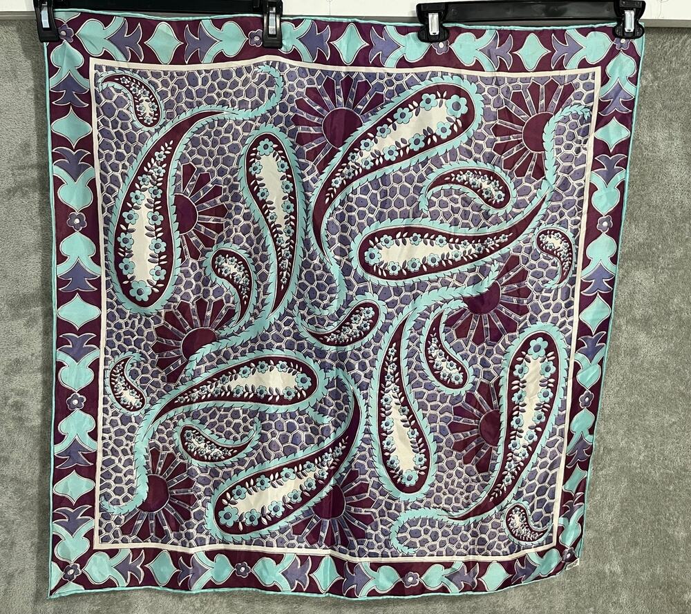 VTG MCM Scarf Purple Turquoise Paisley Floral Boho Retro Made in Japan 31x31"